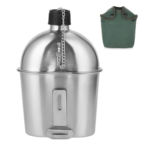 2pcs 1000ml 600ml Stainless Steel Military Canteen Cup Set with Cover Bag for Outdoor Camping Hiking Backpacking