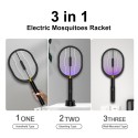 3 in 1 Electric Fly Swatter Portable Handheld USB Rechargeable Mosquito Zapper Killer Lamp & Racket with Table Wall Holder