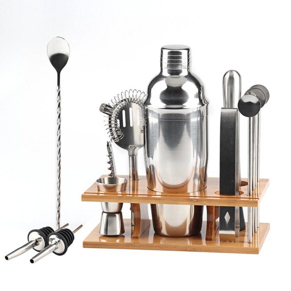 14 PCS Cocktail Shaker Set with Wood Stand 25.4oz Stainless Steel Cocktail Mixology Kit with Bartender Shaker Strainer Jigger Liquor Pourer Mixing Spoon Making Wine Drinks Tool for Home Bar