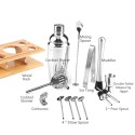 14 PCS Cocktail Shaker Set with Wood Stand 25.4oz Stainless Steel Cocktail Mixology Kit with Bartender Shaker Strainer Jigger Liquor Pourer Mixing Spoon Making Wine Drinks Tool for Home Bar