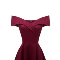 Elegant Women Off Shoulder Dress V Neck Short Sleeve Solid Pleated Cocktail Party A-line Swing Dress Burgundy/Dark Blue