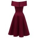 Elegant Women Off Shoulder Dress V Neck Short Sleeve Solid Pleated Cocktail Party A-line Swing Dress Burgundy/Dark Blue