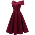 Elegant Women Off Shoulder Dress V Neck Short Sleeve Solid Pleated Cocktail Party A-line Swing Dress Burgundy/Dark Blue