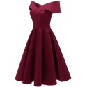 Elegant Women Off Shoulder Dress V Neck Short Sleeve Solid Pleated Cocktail Party A-line Swing Dress Burgundy/Dark Blue