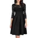 New Summer Women Sheer Lace Panel Dress O-neck 3/4 Sleeve Zipper Ruffle Hem Elegant Solid Evening Midi Dress