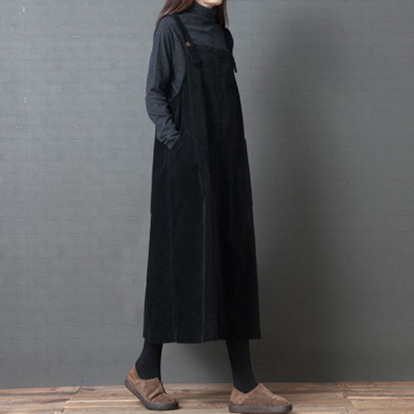 New Fashion Women Corduroy Vintage Dress Pocket Casual Strap Autumn Winter Loose Vest Overall Dress Black/Coffee