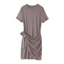 Women Mini Dress Sashes Waist Short Sleeve O-Neck Solid Slim Casual T-Shirt Dress