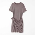 Women Mini Dress Sashes Waist Short Sleeve O-Neck Solid Slim Casual T-Shirt Dress