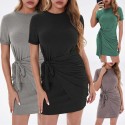 Women Mini Dress Sashes Waist Short Sleeve O-Neck Solid Slim Casual T-Shirt Dress