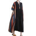 Vintage Women Dress Splicing Print V Neck Short Sleeve Pocket Loose Casual Dress