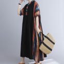 Vintage Women Dress Splicing Print V Neck Short Sleeve Pocket Loose Casual Dress