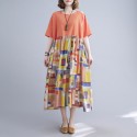 Women Casual Dress Contrast Color Print Pockets Loose O-Neck Short Sleeves Plus Size Summer Dress