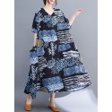 Women Loose Dress with Pockets Vintage Printed V Neck Half Sleeves Holiday Dress Robes